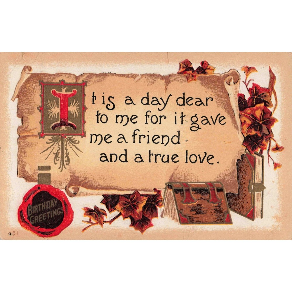 Antique Embossed Birthday Postcard Friendship True Love Scroll Leaves VG- - Picture 1 of 2